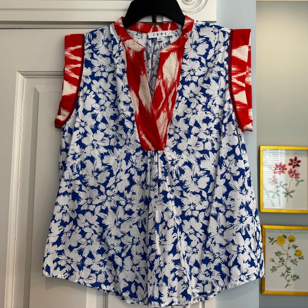 THML Blue and White Sleeveless Ruffled Blouse